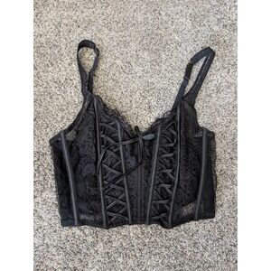 Victoria's Secret Black Lace Up Mesh Corset Bustier Top Small DD E75